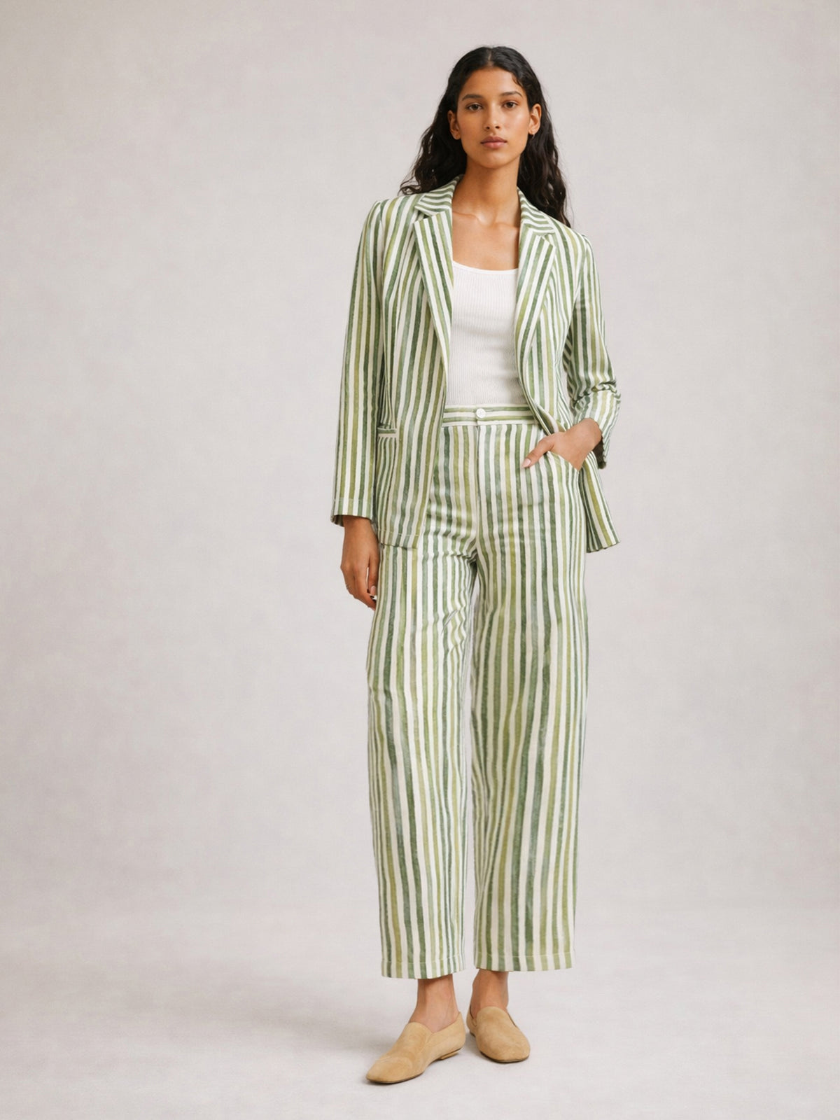 Green Linen Striped Front Open Blazer With Slouchy Pants-SASSAFRAS worklyf