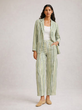 Green Linen Striped Front Open Blazer With Slouchy Pants-SASSAFRAS worklyf