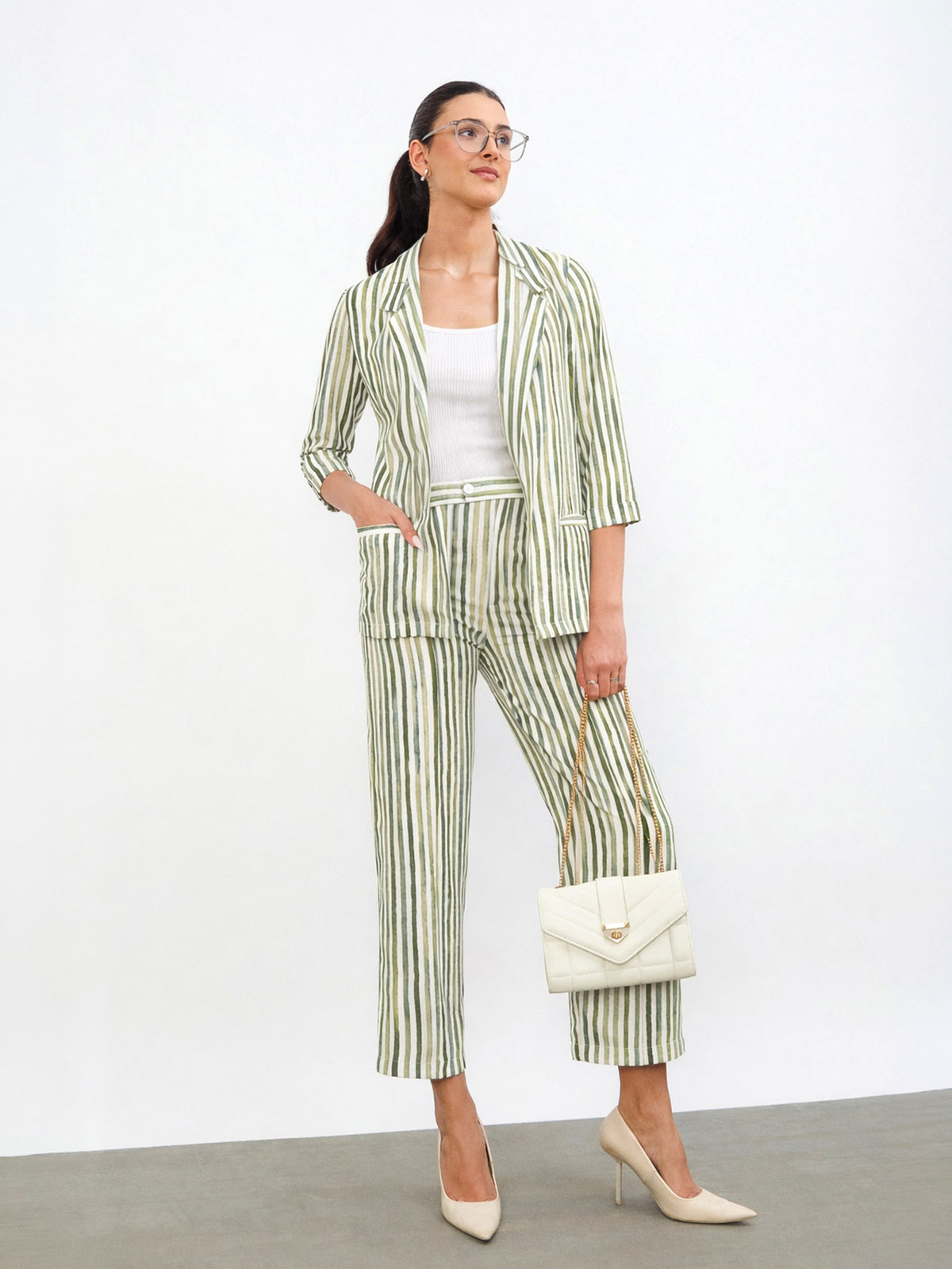 Green Linen Striped Front Open Blazer With Slouchy Pants-SASSAFRAS worklyf