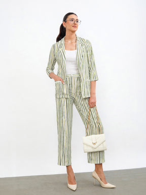 Green Linen Striped Front Open Blazer With Slouchy Pants-SASSAFRAS worklyf