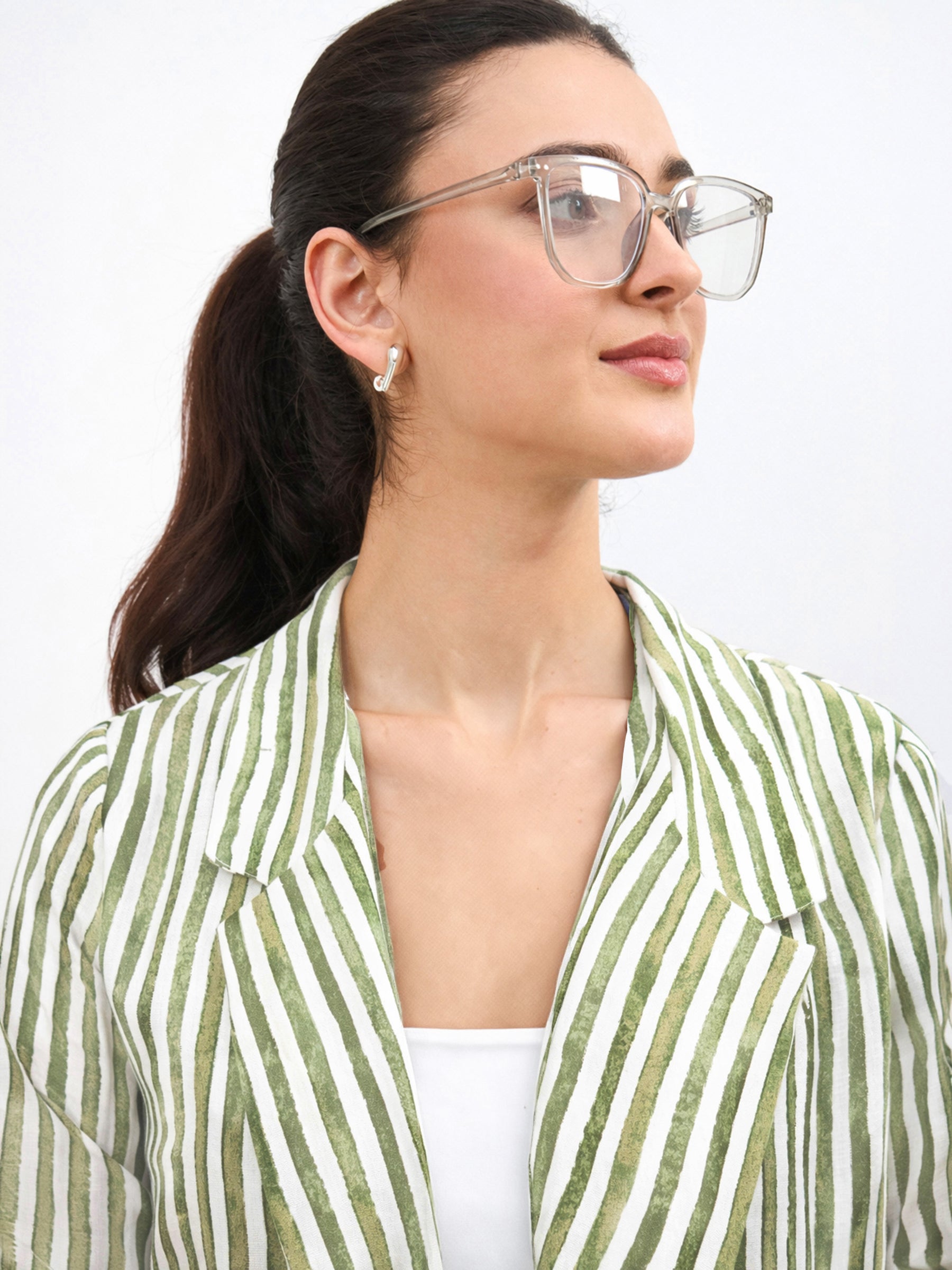 Green Linen Striped Front Open Blazer With Slouchy Pants-SASSAFRAS worklyf