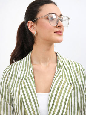 Green Linen Striped Front Open Blazer With Slouchy Pants-SASSAFRAS worklyf