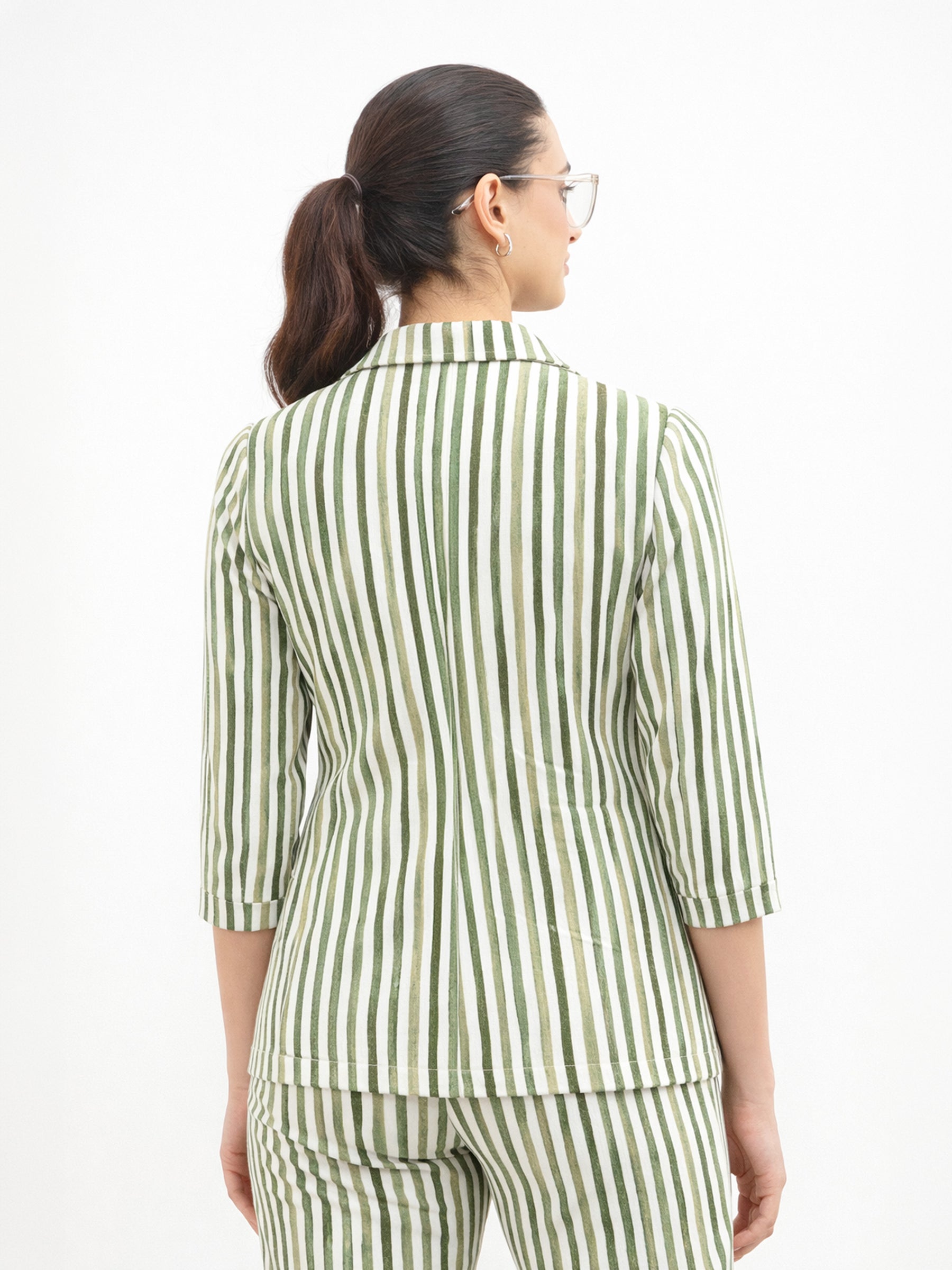 Green Linen Striped Front Open Blazer With Slouchy Pants-SASSAFRAS worklyf