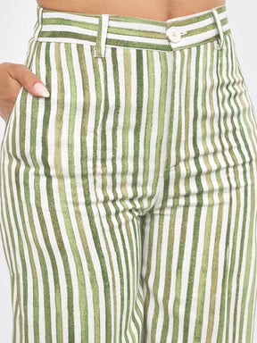 Women Green Linen Striped Front Open Blazer With Slouchy Pants