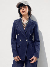 Navy Denim Double Breasted Full Sleeves Blazer -SASSAFRAS