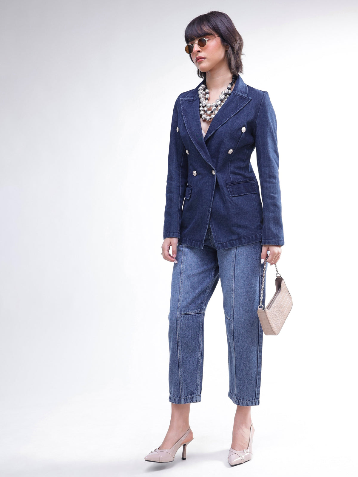 Navy Denim Double Breasted Full Sleeves Blazer -SASSAFRAS