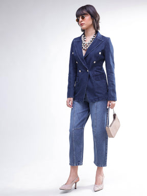 Navy Denim Double Breasted Full Sleeves Blazer -SASSAFRAS