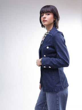 Navy Denim Double Breasted Full Sleeves Blazer -SASSAFRAS
