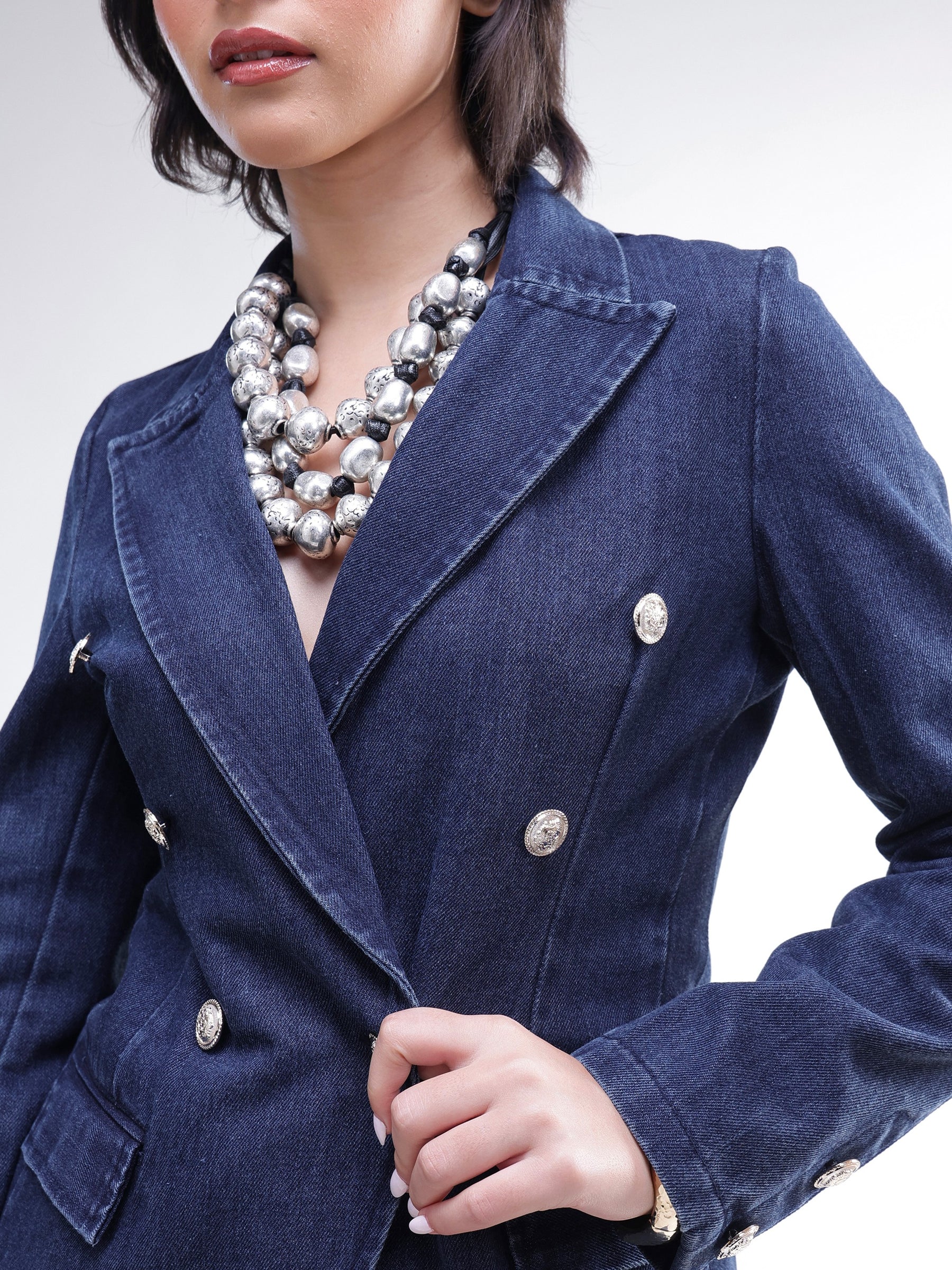Navy Denim Double Breasted Full Sleeves Blazer -SASSAFRAS