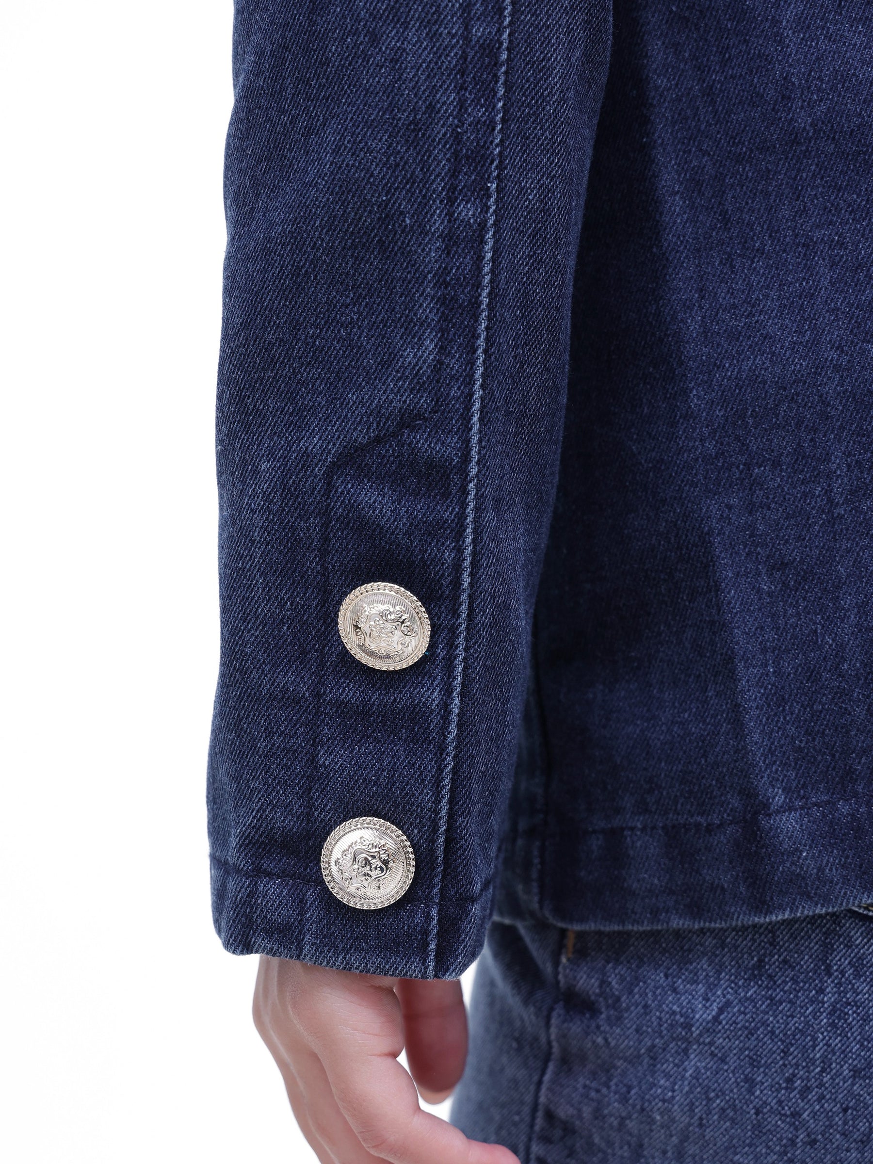 Navy Denim Double Breasted Full Sleeves Blazer -SASSAFRAS