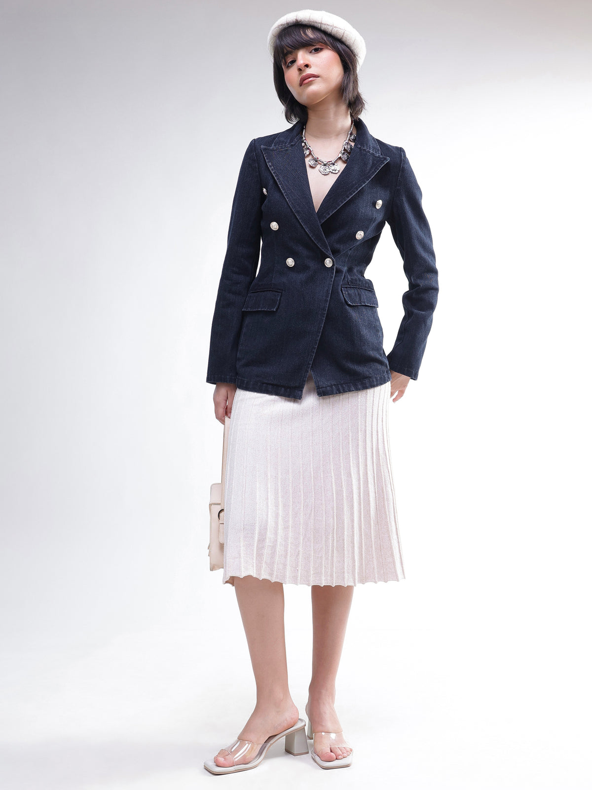 Black Denim Double Breasted Full Sleeves Blazer -SASSAFRAS