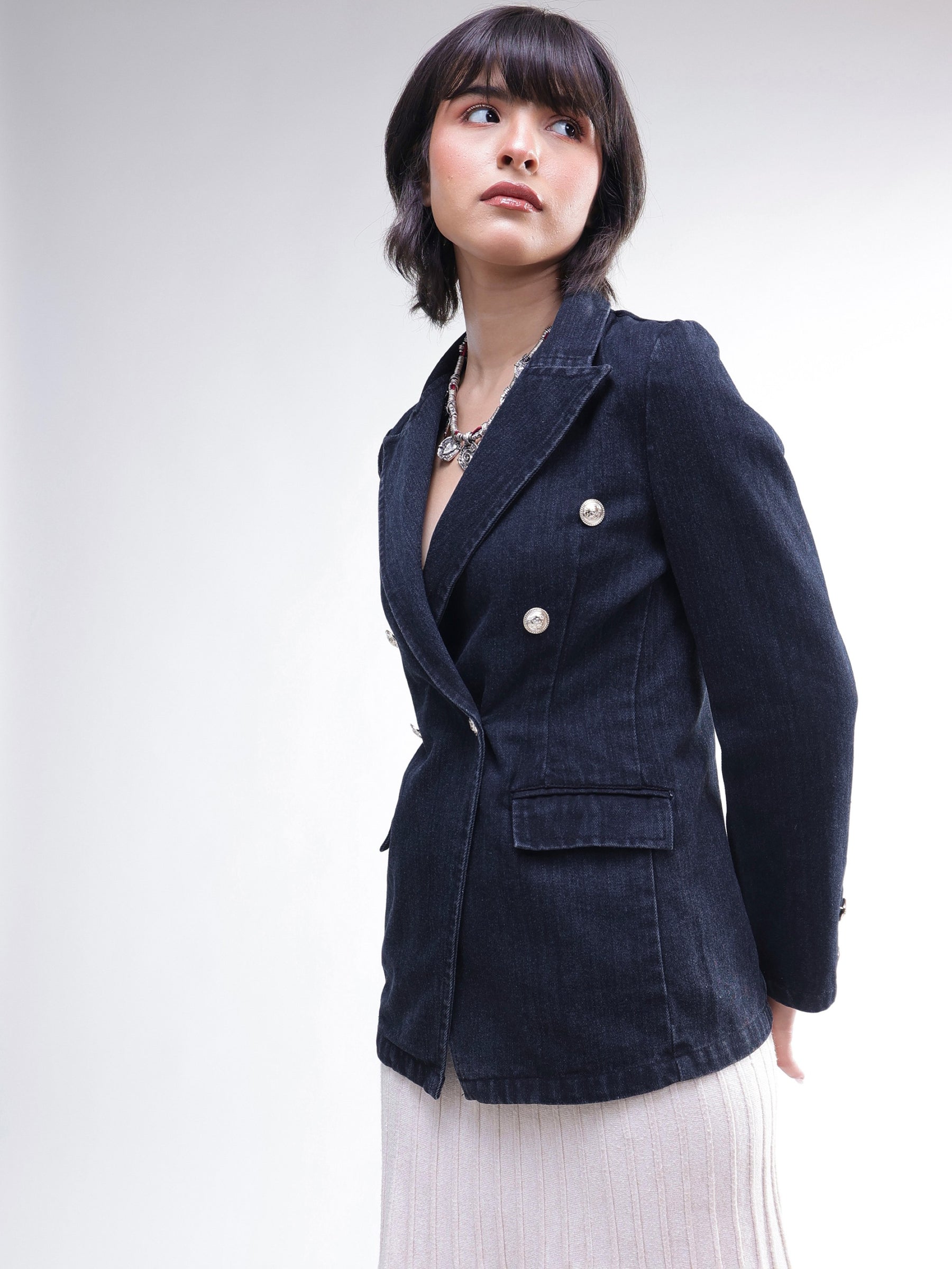 Black Denim Double Breasted Full Sleeves Blazer -SASSAFRAS