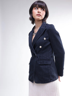 Black Denim Double Breasted Full Sleeves Blazer -SASSAFRAS