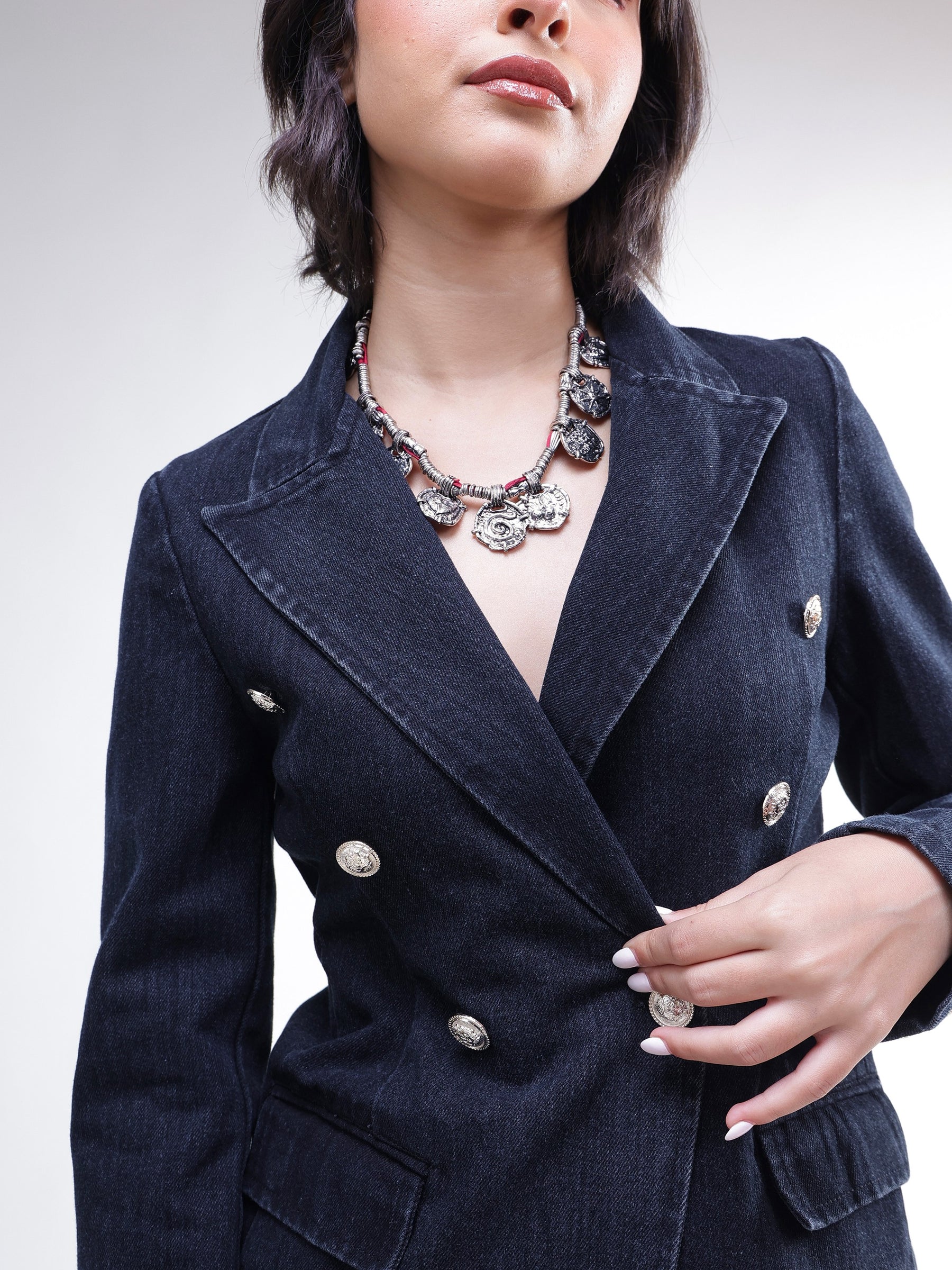 Black Denim Double Breasted Full Sleeves Blazer -SASSAFRAS