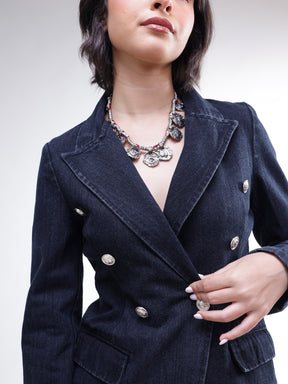 Black Denim Double Breasted Full Sleeves Blazer -SASSAFRAS