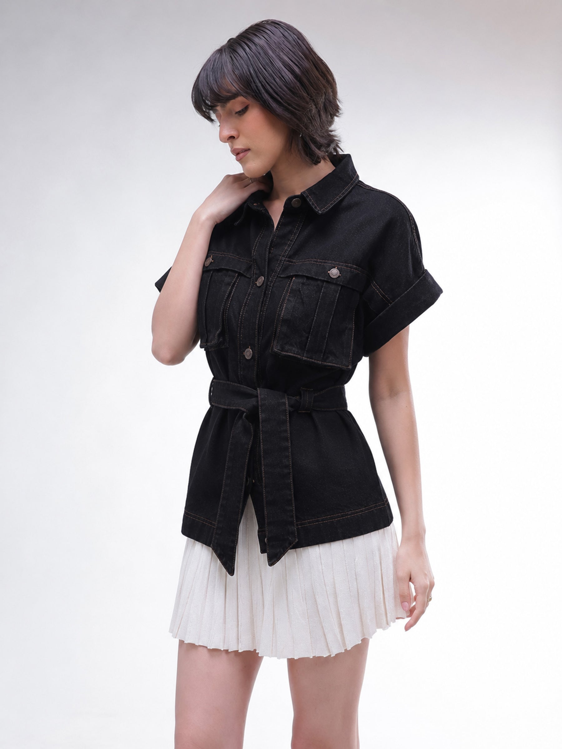 Black Denim Front Box Pockets Gillet-SASSAFRAS