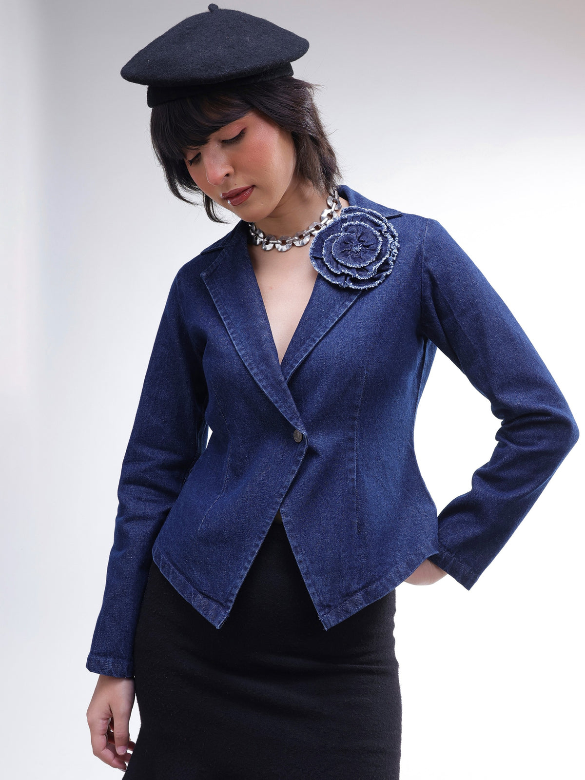 Navy Denim Front Corsage Blazer-SASSAFRAS