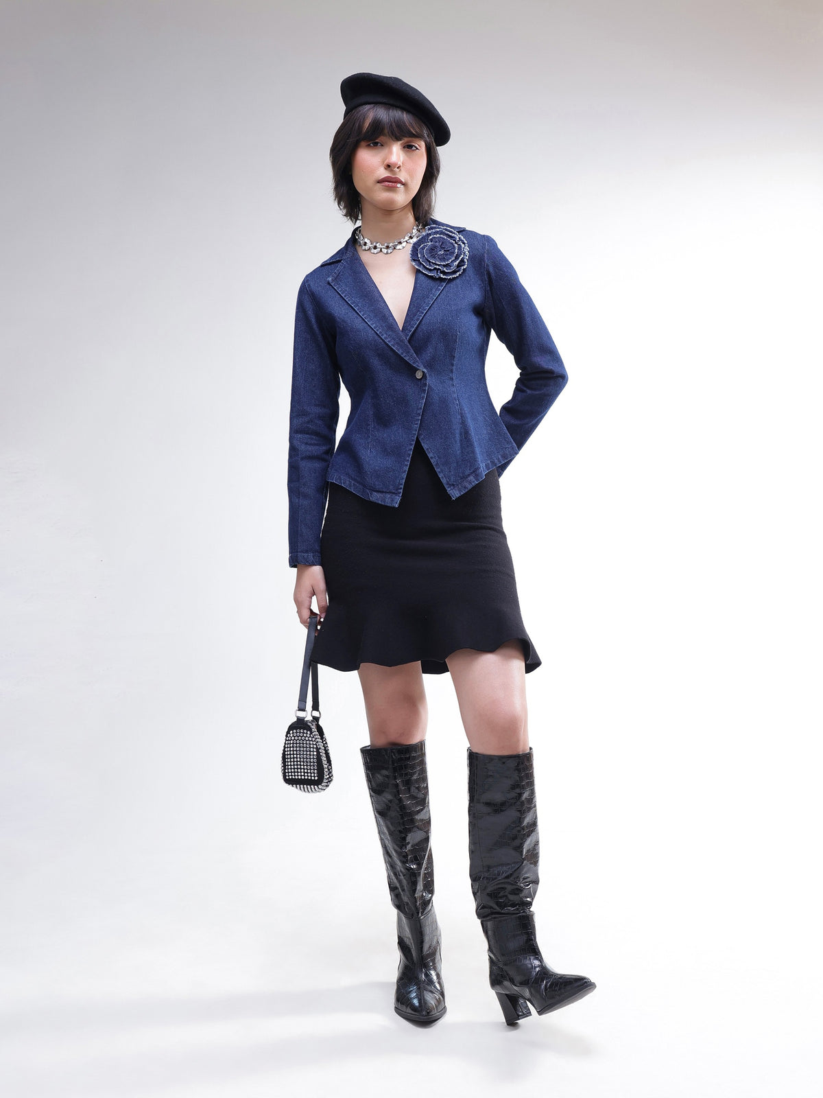 Navy Denim Front Corsage Blazer-SASSAFRAS
