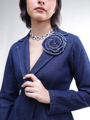 Navy Denim Front Corsage Blazer-SASSAFRAS