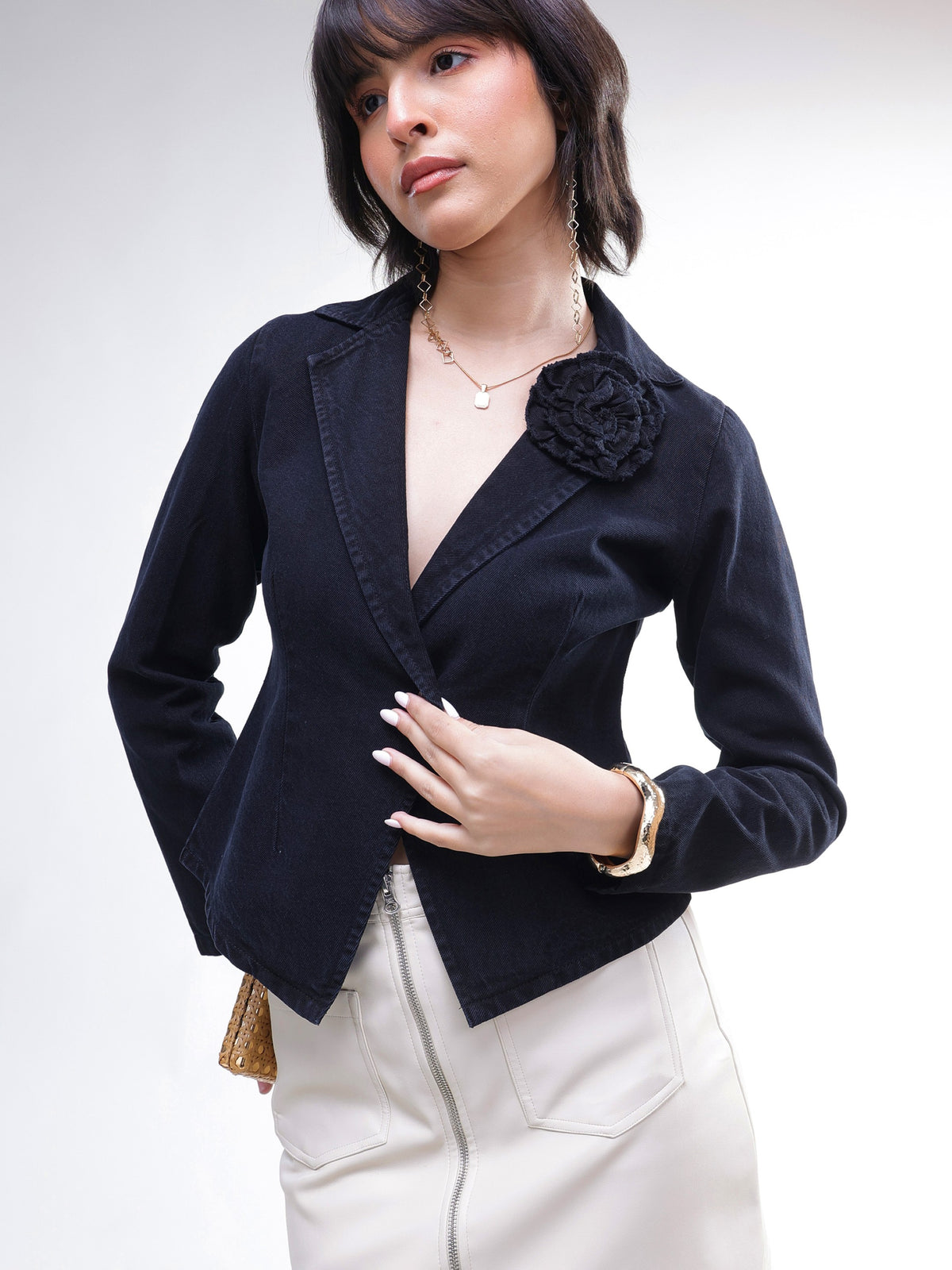 Black Denim Front Corsage Blazer-SASSAFRAS