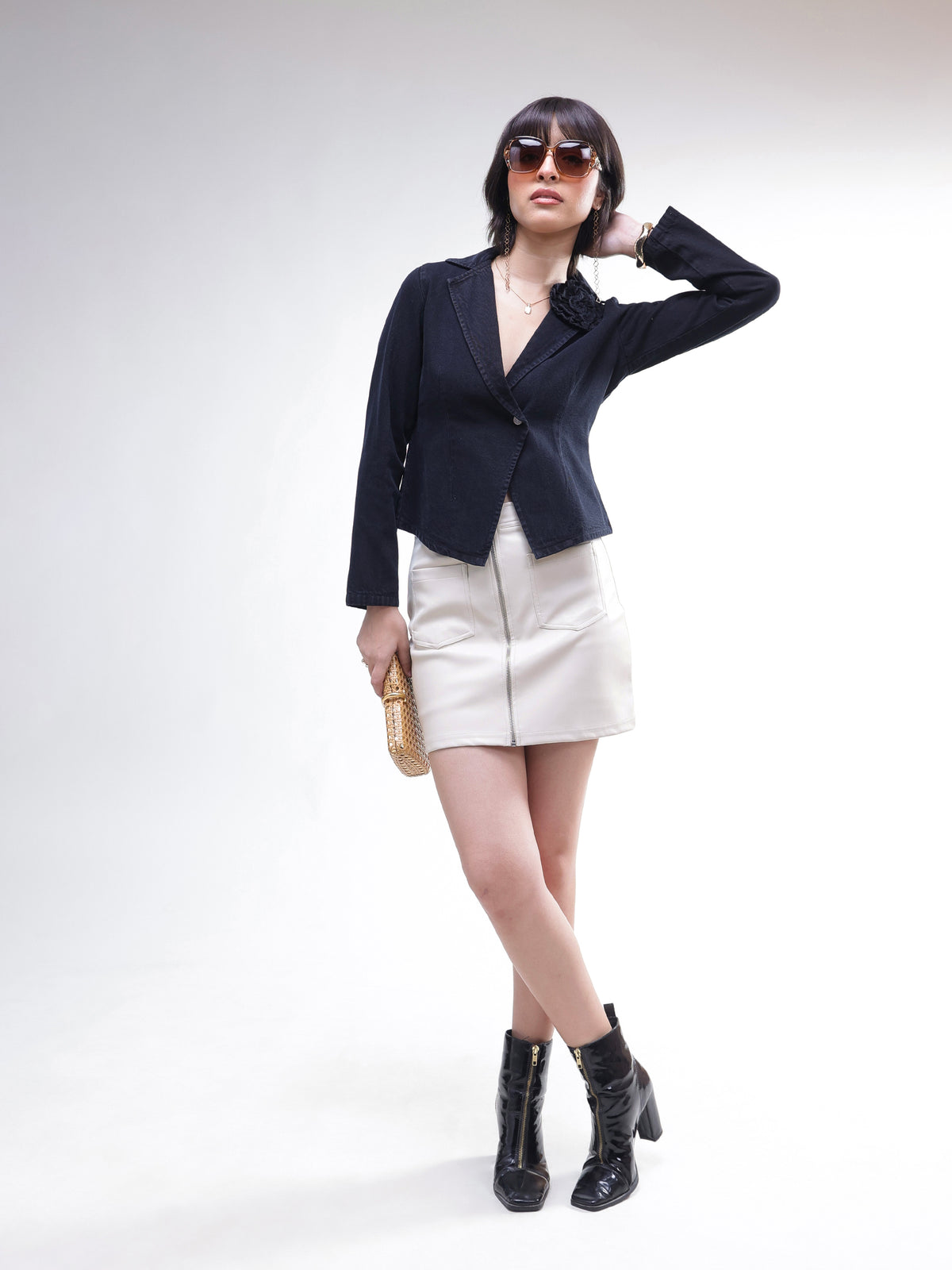 Black Denim Front Corsage Blazer-SASSAFRAS