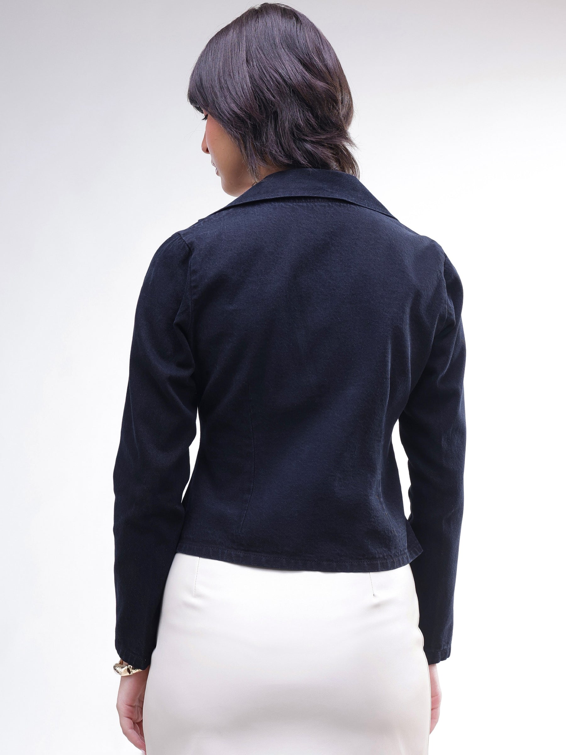 Black Denim Front Corsage Blazer-SASSAFRAS
