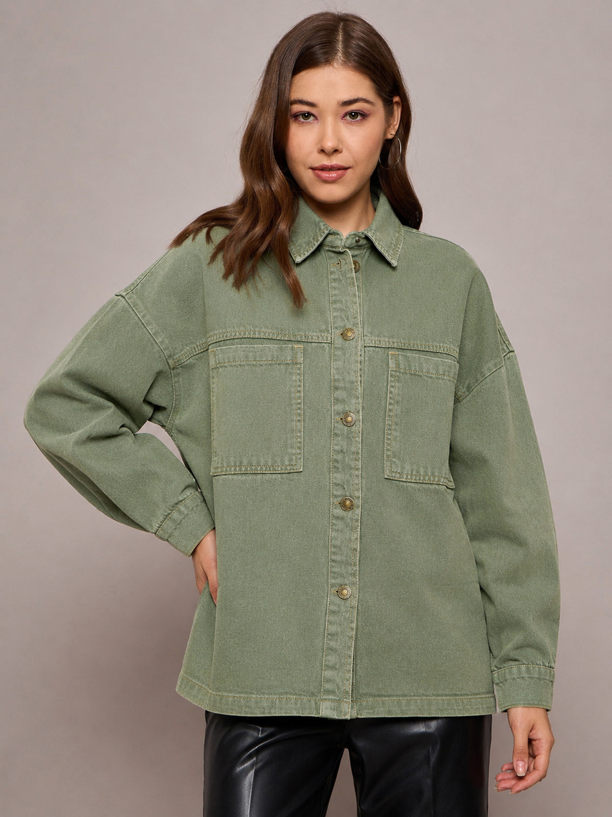 Green Denim Oversized Jacket-SASSAFRAS BASICS