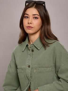Green Denim Oversized Jacket-SASSAFRAS BASICS