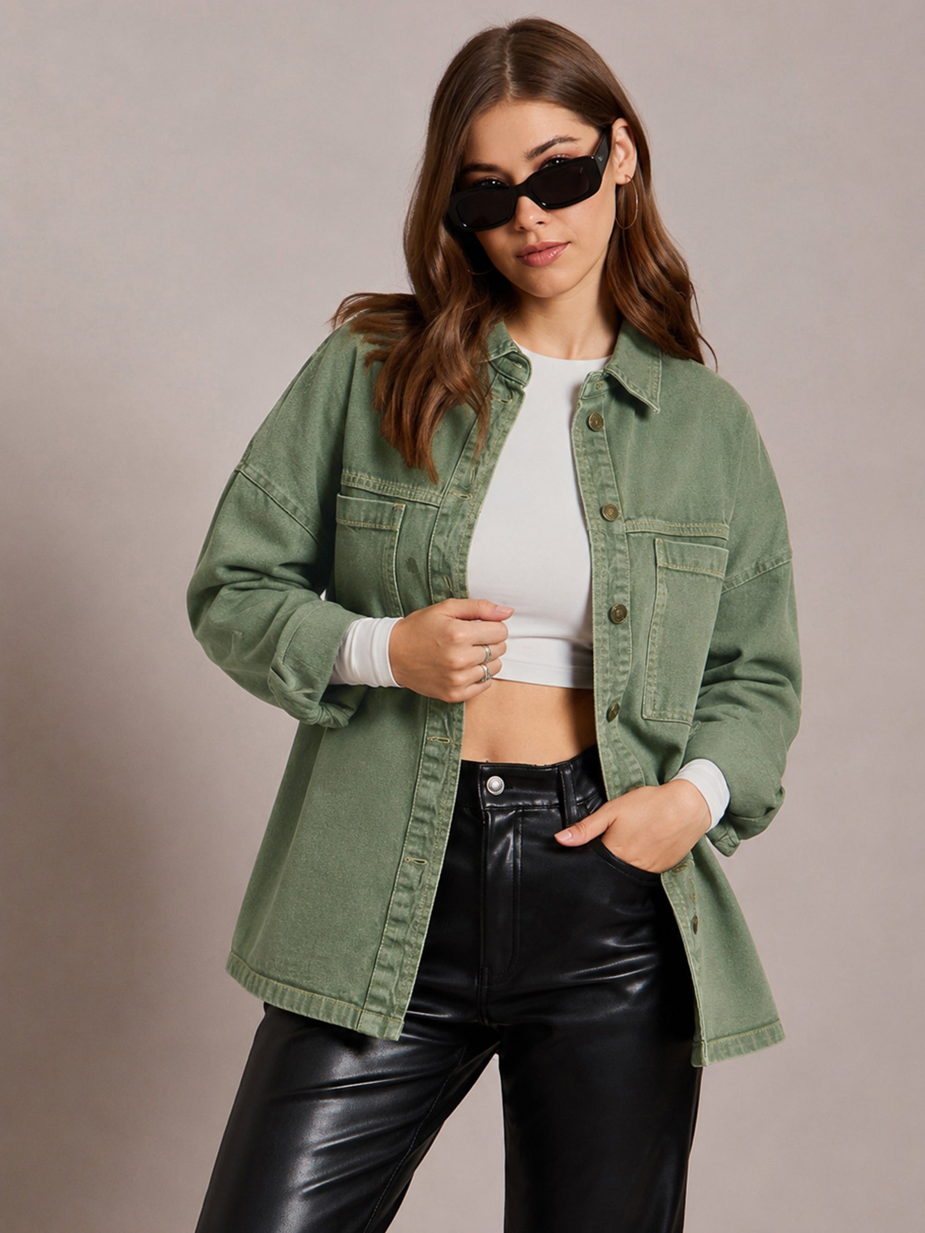 Women Green Denim Oversized Jacket