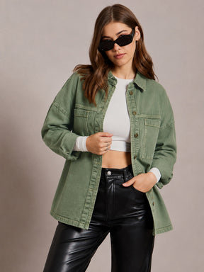 Women Green Denim Oversized Jacket