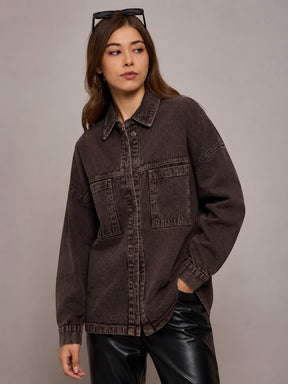 Brown Denim Oversized Jacket-SASSAFRAS BASICS