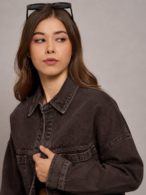 Brown Denim Oversized Jacket-SASSAFRAS BASICS