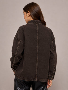 Brown Denim Oversized Jacket-SASSAFRAS BASICS