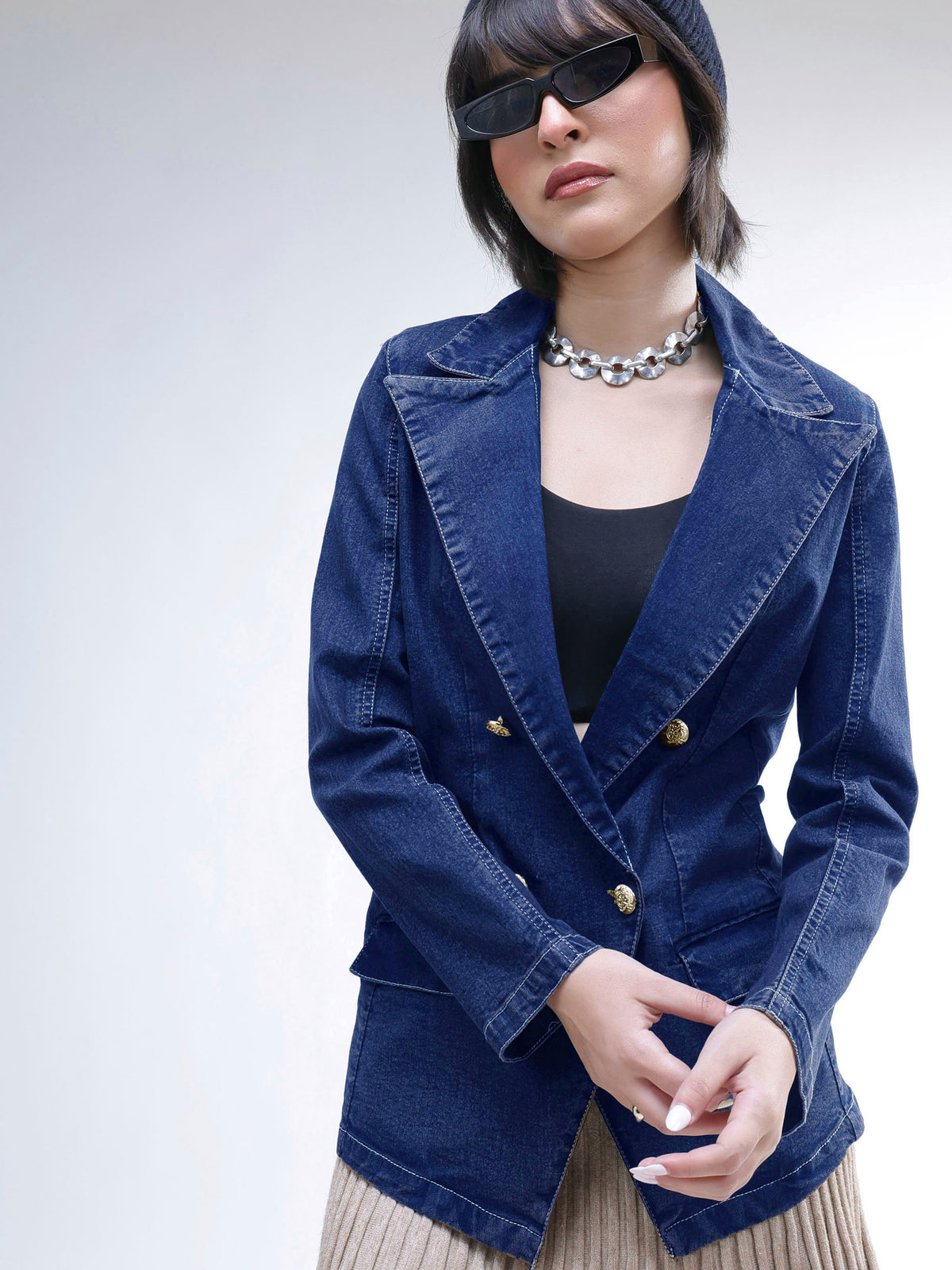 Navy Denim Notch Collar Oversize Blazer -SASSAFRAS
