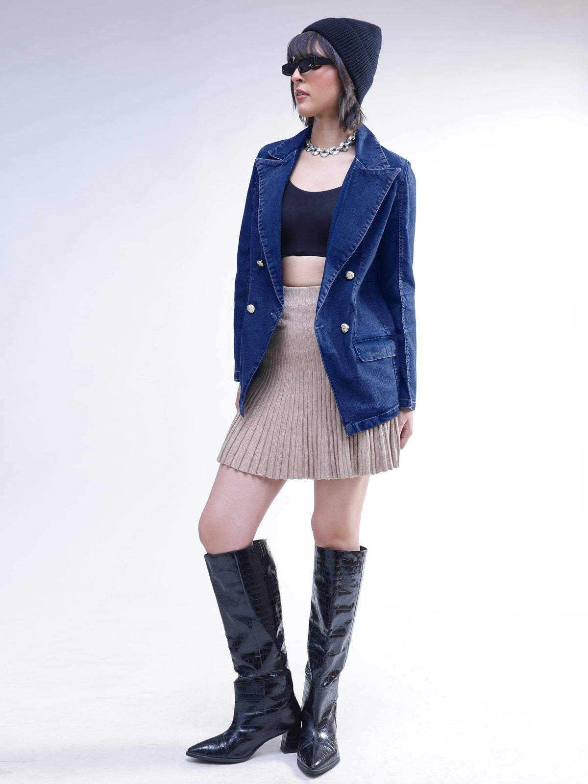 Navy Denim Notch Collar Oversize Blazer -SASSAFRAS