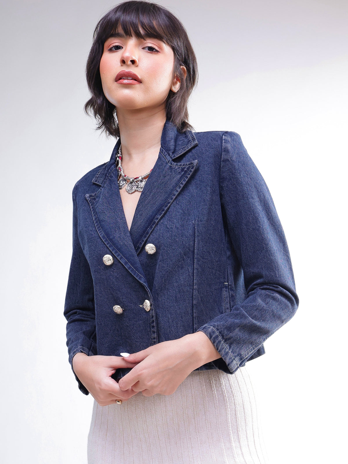 Blue Washed Denim Notch Collar Crop Blazer -SASSAFRAS