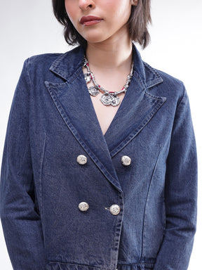 Blue Washed Denim Notch Collar Crop Blazer -SASSAFRAS