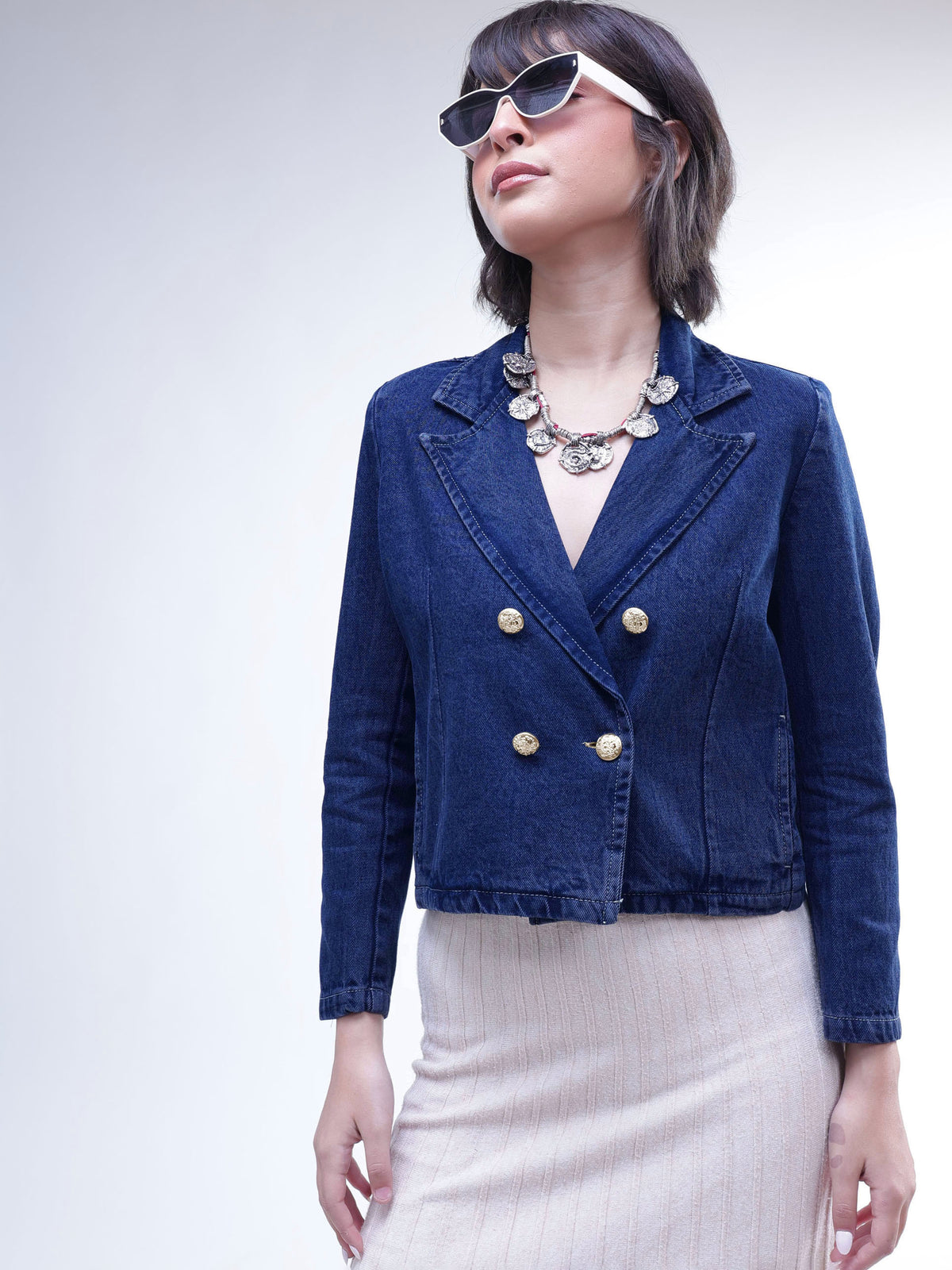 Navy Denim Notch Collar Crop Blazer -SASSAFRAS