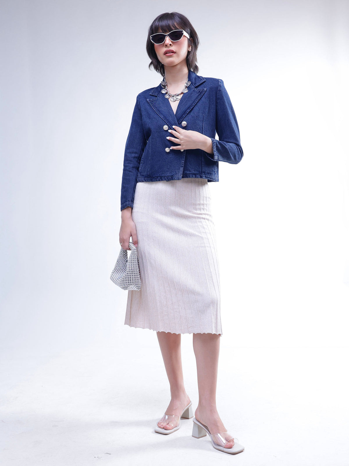 Navy Denim Notch Collar Crop Blazer -SASSAFRAS