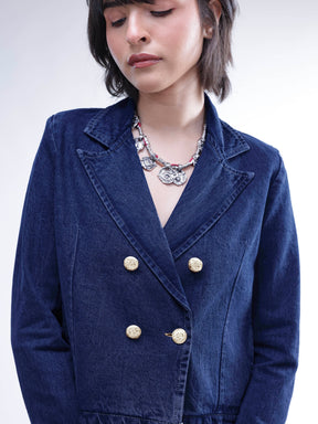 Navy Denim Notch Collar Crop Blazer -SASSAFRAS