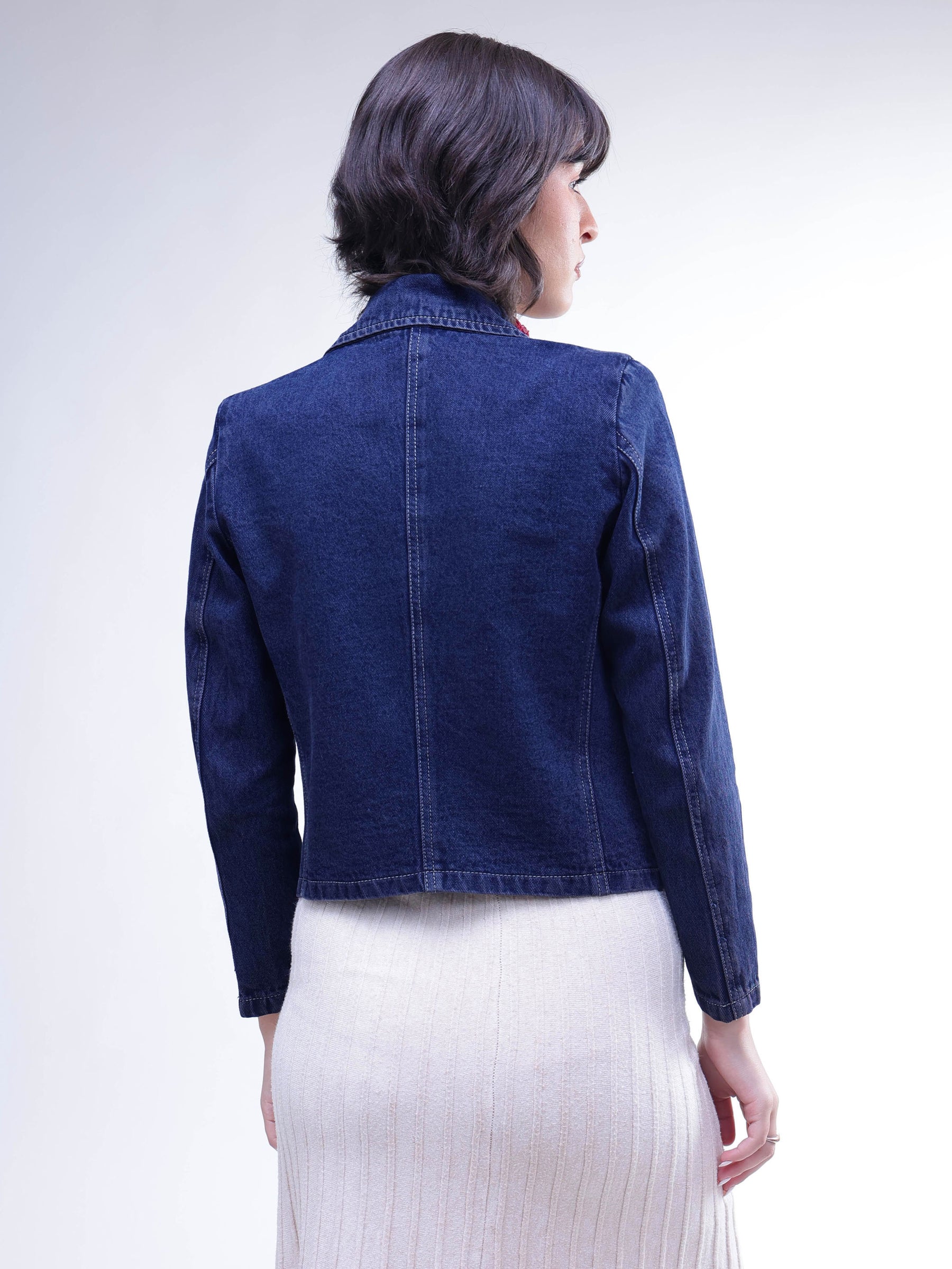 Navy Denim Notch Collar Crop Blazer -SASSAFRAS