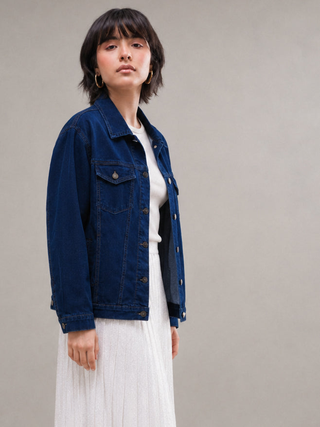 Navy Wash Denim Oversized Jacket-SASSAFRAS
