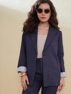 Navy Linen Single Breasted Blazer-SASSAFRAS worklyf
