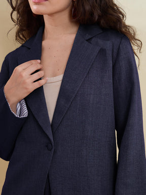 Navy Linen Single Breasted Blazer-SASSAFRAS worklyf