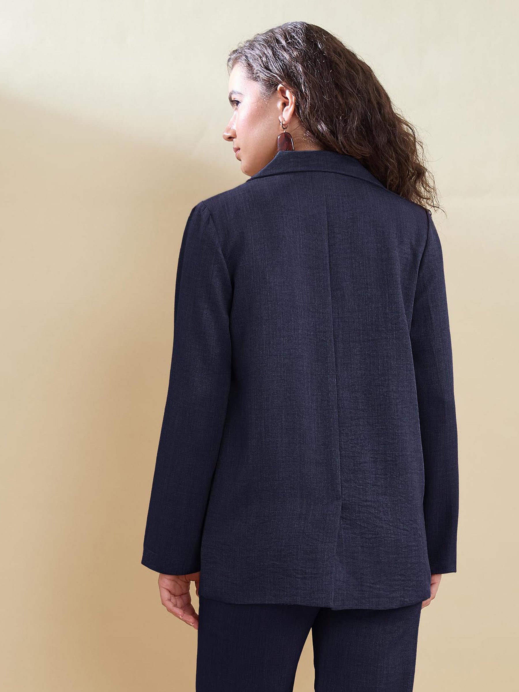 Women Navy Linen Single Breasted Blazer