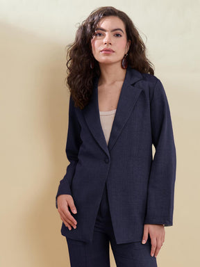 Women Navy Linen Single Breasted Blazer