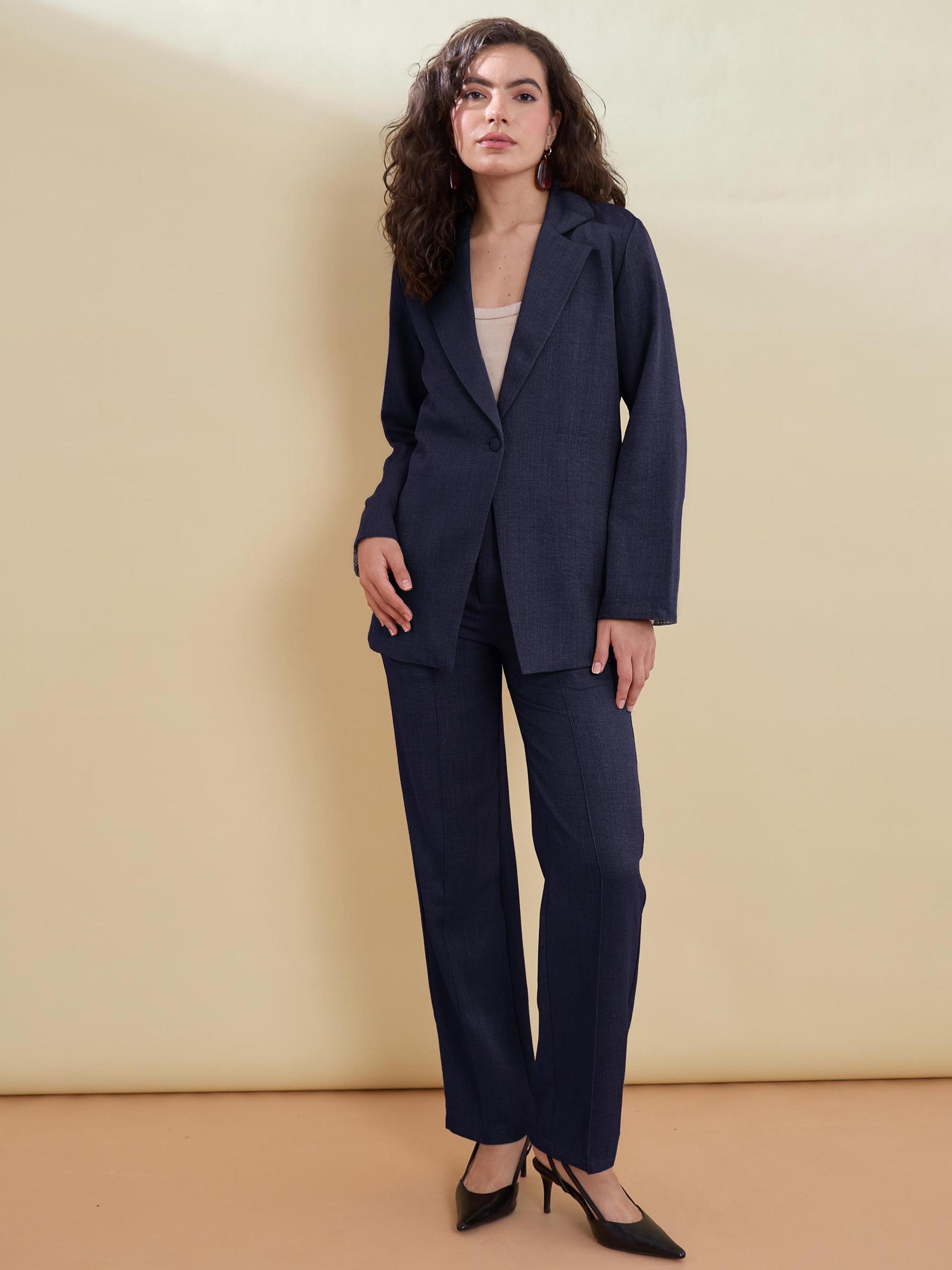 Navy Linen Single Breasted Blazer With Pants-SASSAFRAS worklyf