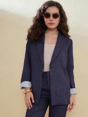 Navy Linen Single Breasted Blazer With Pants-SASSAFRAS worklyf