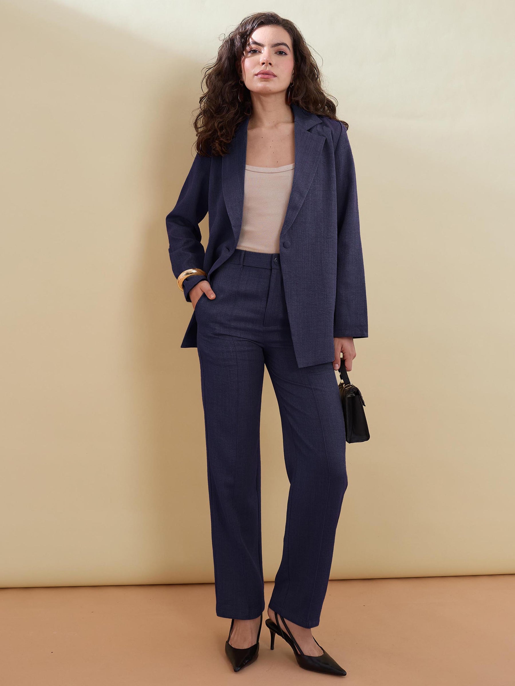 Navy Linen Single Breasted Blazer With Pants-SASSAFRAS worklyf