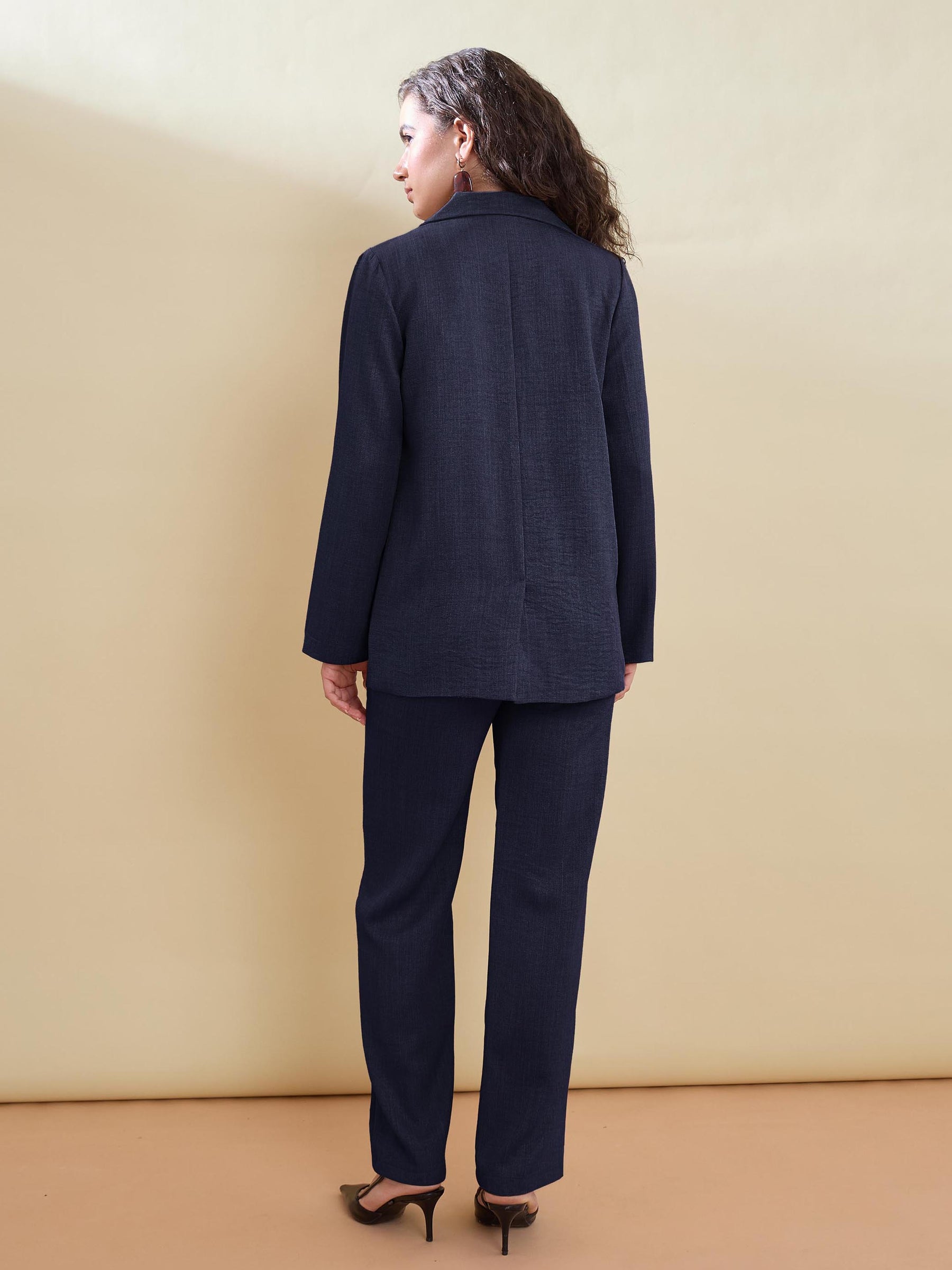 Women Navy Linen Single Breasted Blazer With Pants